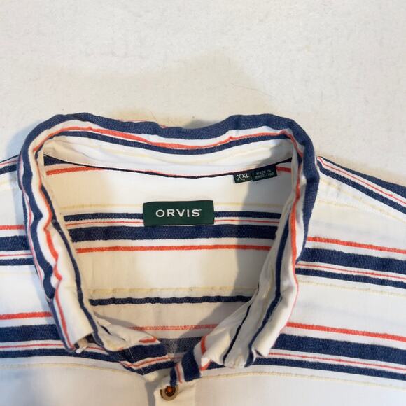 Orvis Button Shirt Men's XXL White Blue Orange Stripe Short Sleeve Linen Feel - Picture 3 of 12